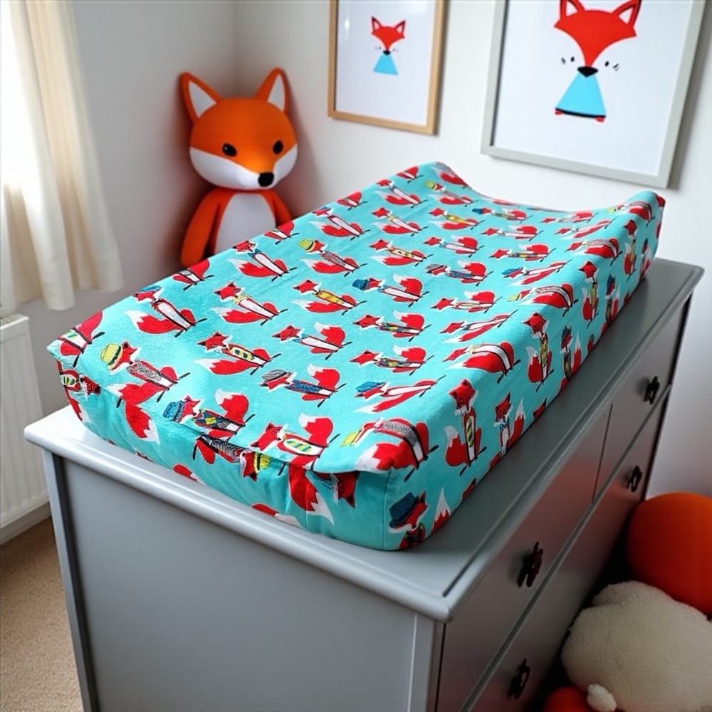 Teal Orange Hipster Fox Changing Pad Cover